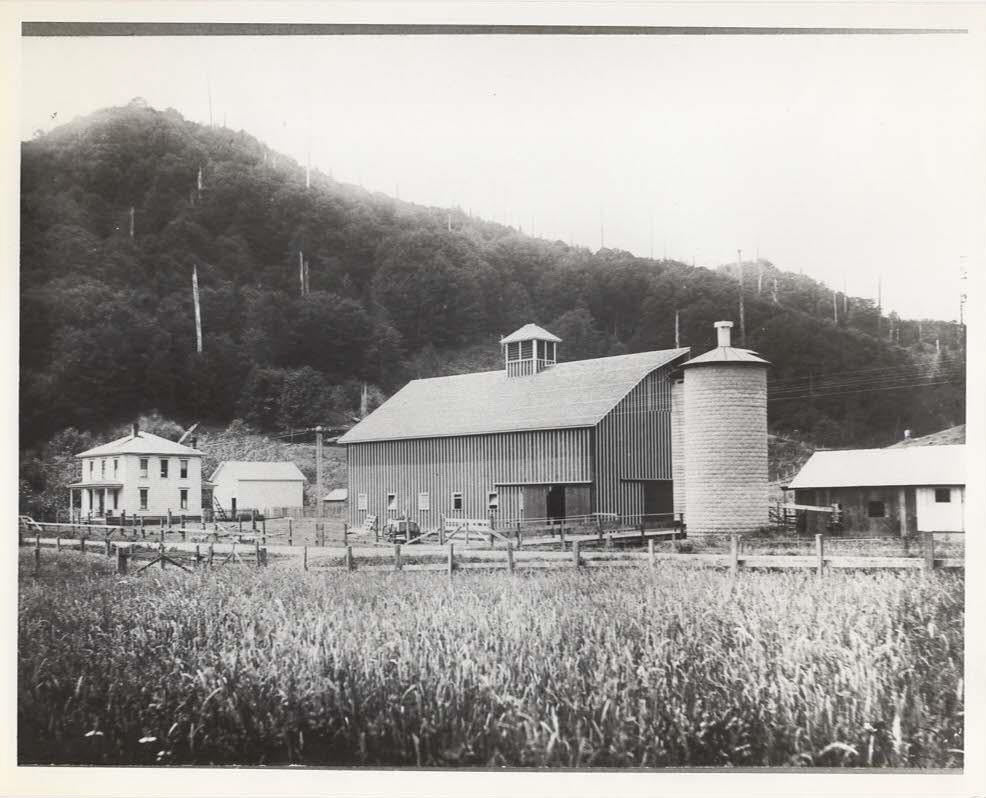 Black and white photograph of a rural landscape with buildings and a hill in the background.